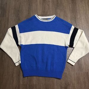 Vtg The Aspen Lid 80s Blue White Color Block Wool Blend Crew Sweater Mens XL